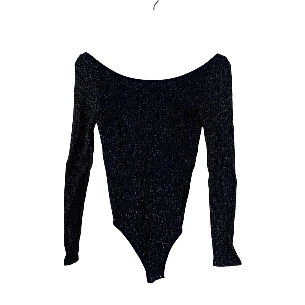 Free People Intimately Ribbed Metallic Bodysuit Navy Gold Sparkle Size XS/S